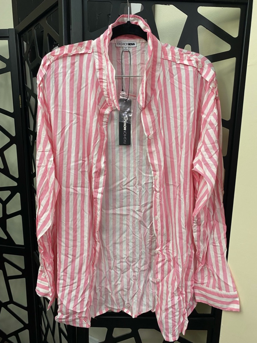 Fashion Nova Pink and White Striped Button Down Shirt